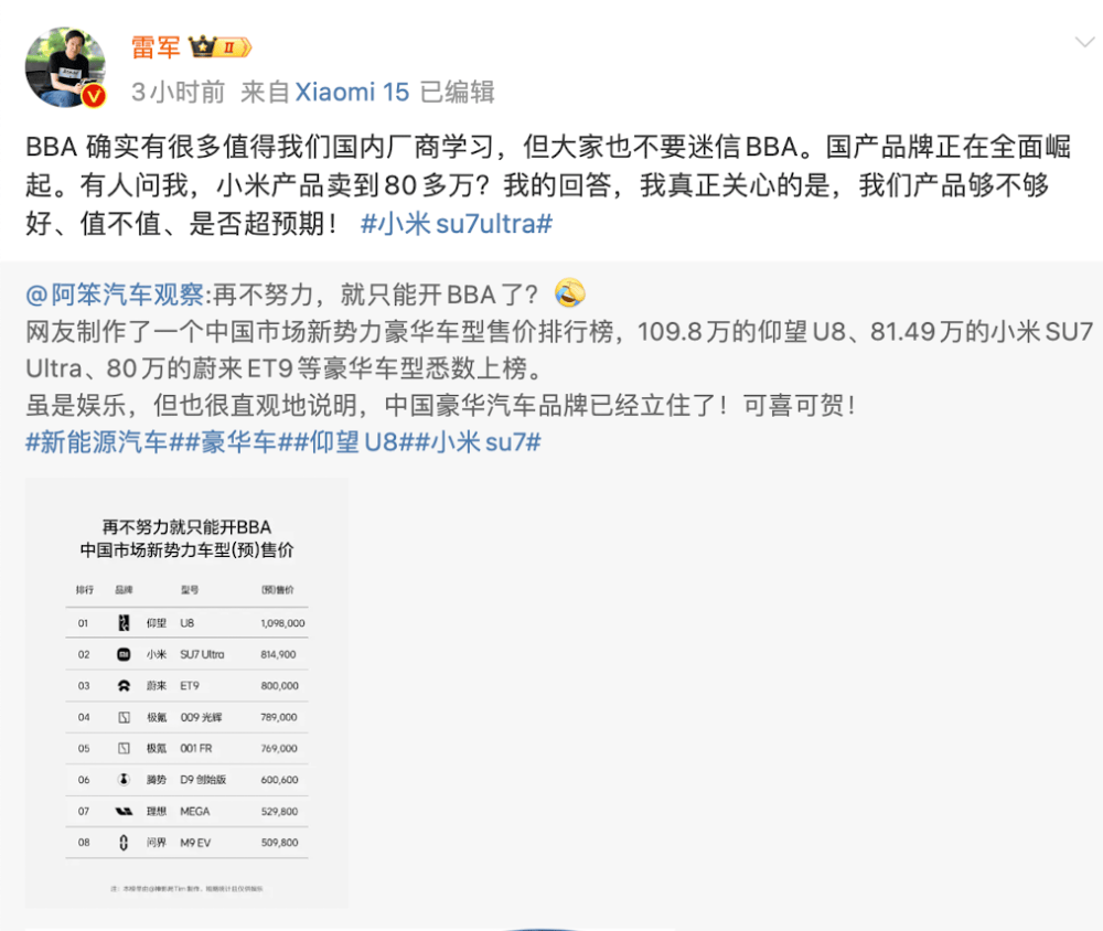 小米汽车卖到80多万<strong></p>
<p>币圈搬砖</strong>，网友称再不努力只能开BBA！雷军：不要迷信BBA
