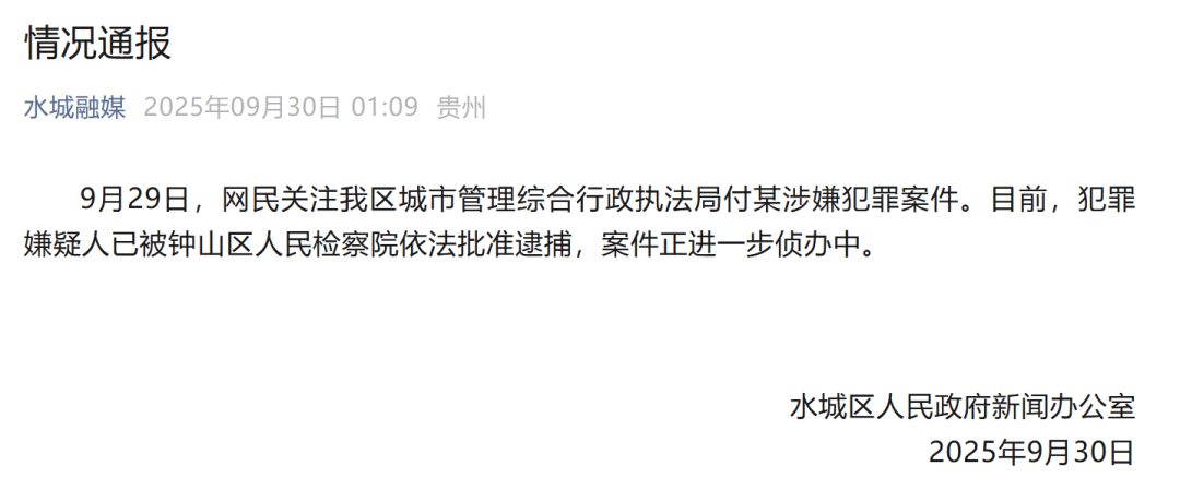 贵州六盘水凌晨通报：城管局付某涉嫌犯罪<strong></p>
<p>比特币多少钱</strong>，已被批捕